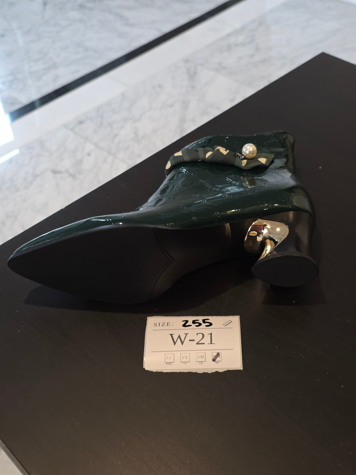 Green Patent Leather Ankle Boots with Pearl Detail