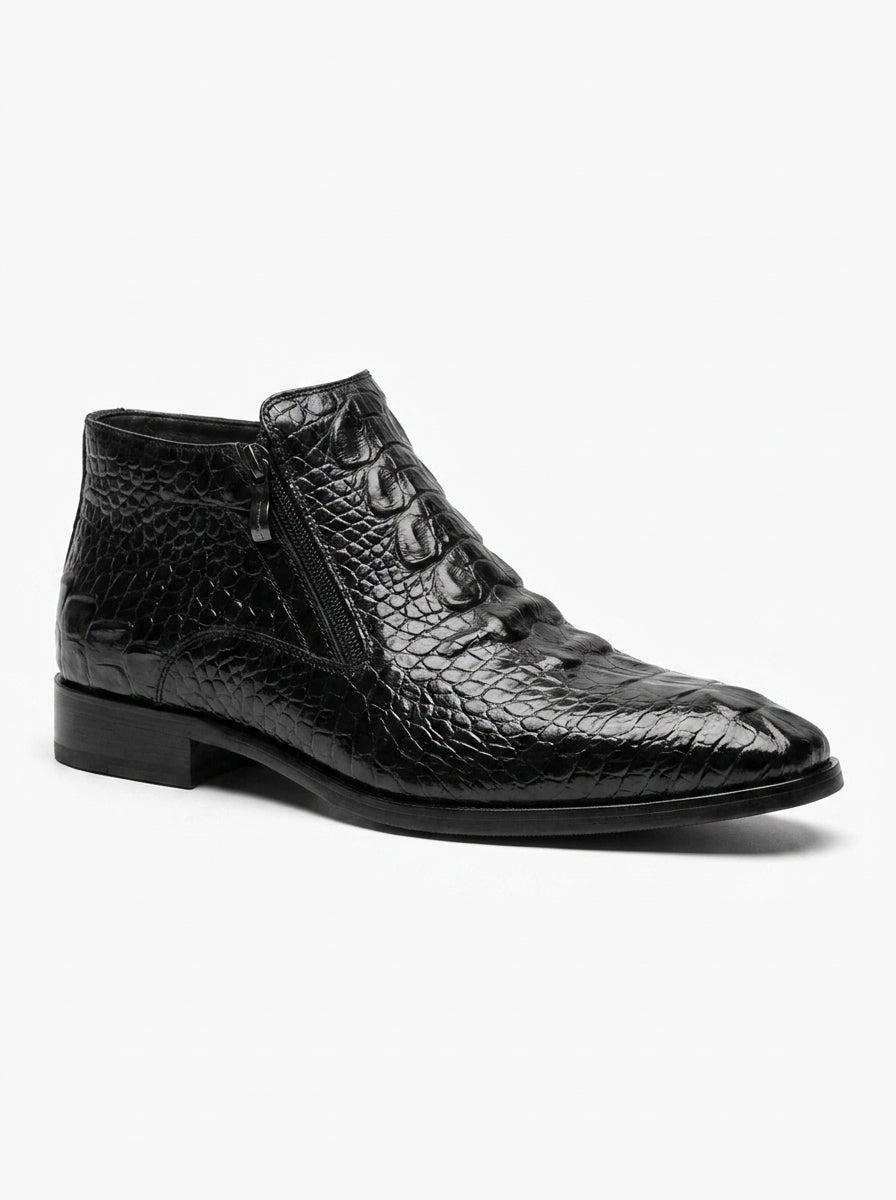 AI-updated primary image for Men's Black Croc-Embossed Leather Ankle Boots