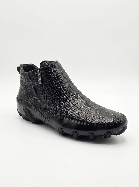 AI-updated primary image for Men's Black Croc-Embossed Leather Ankle Boots