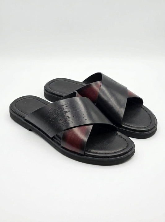 AI-updated primary image for Men's Black & Burgundy Leather Slide Sandals