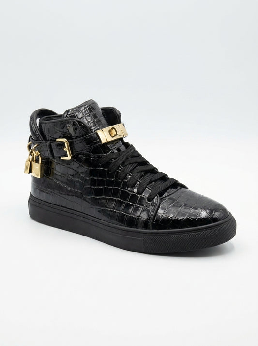 AI-updated primary image for Men's Black Croc-Embossed High-Top Sneakers with Gold Accents
