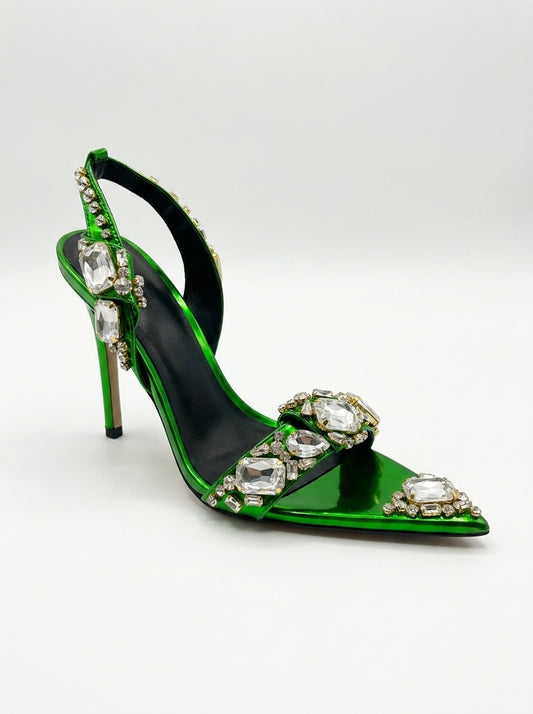 AI-updated primary image for Emerald Green Rhinestone Embellished Heels