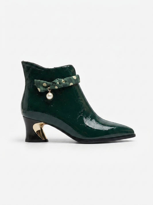 AI-updated primary image for Green Patent Leather Ankle Boots with Pearl Detail